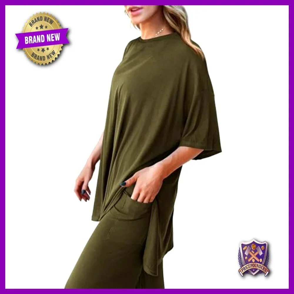 Two Piece Lounge Set Wide Leg Pants Crewneck Top Comfortable Knit Matching